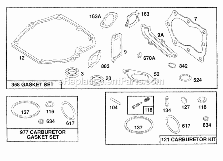 Gasket Sets Diagram and Parts List for 122802-3413-01  Briggs and Stratton Engine